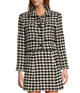 Rita Wool Blend Houndstooth Notch Collar Long Sleeve Embellished Button Front Cropped Jacket | Dillard's
