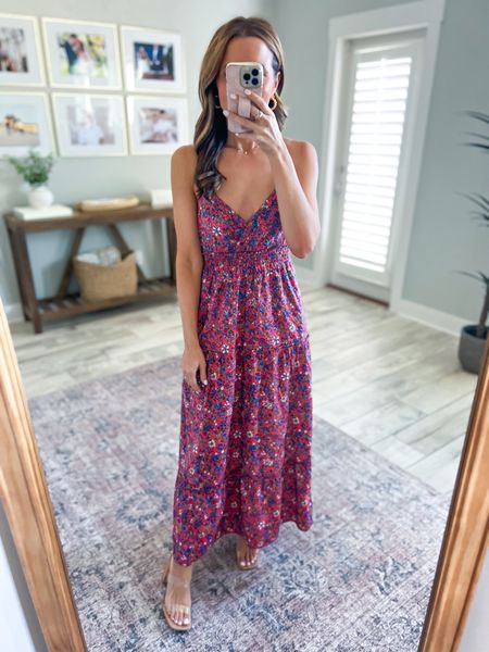 Target floral maxi dress (XS). Target spring dress. Baby shower dress. Wedding shower dress. Brunch outfit. Vacation dress. Target clear heels (TTS, restocked!!). 

*Straps are a little long on me and are not adjustable. You could try adding double-sided tape to the bust area if you are short and straps are too long. 

#LTKtravel #LTKwedding #LTKbaby