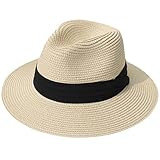 Lanzom Women Wide Brim Straw Panama Roll up Hat Fedora Beach Sun Hat UPF50+ | Amazon (US)