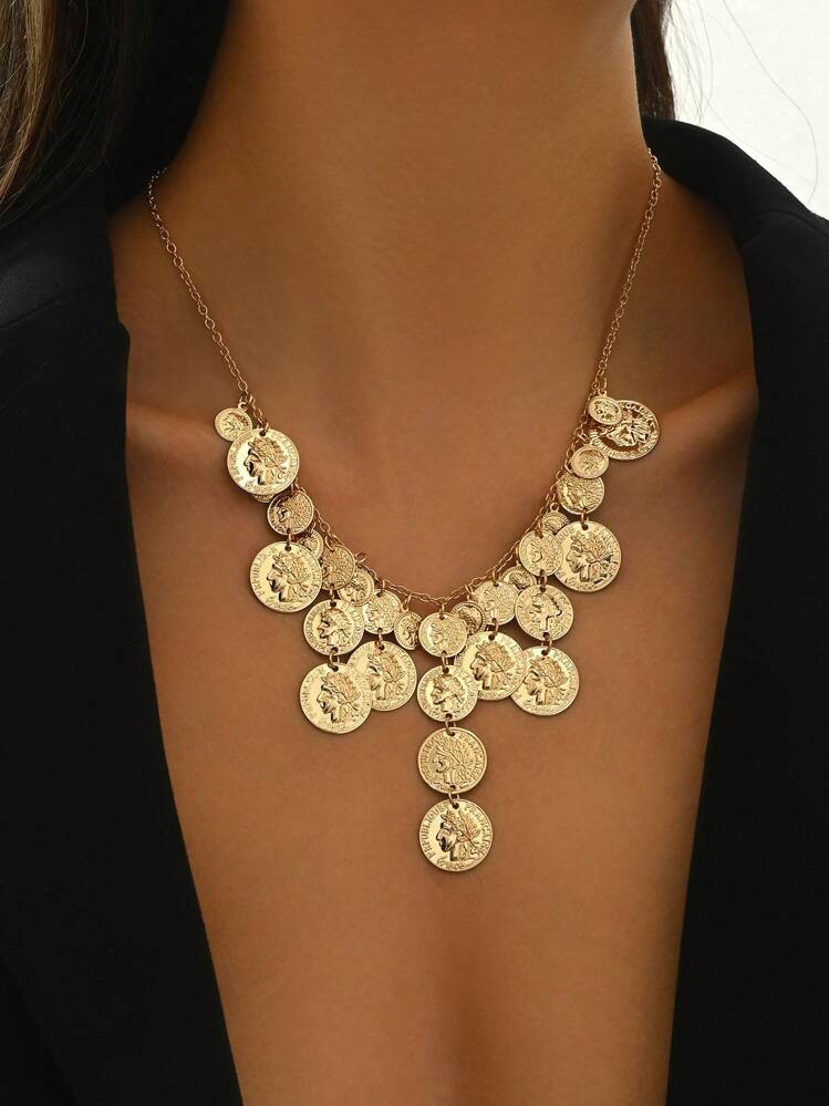 1pc New Design Women Pendant Necklace, Creative Coin Pendant With Tassel, Exaggerated Punk Rock M... | SHEIN