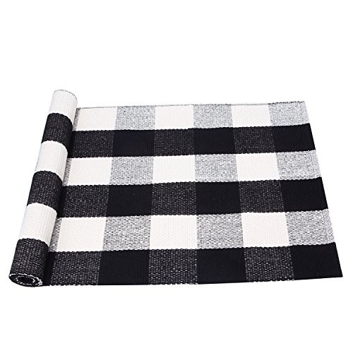 PRAGOO Cotton Rug Hand-woven Checkered Carpet Braided Kitchen Mat Living Room Area Rug Black White F | Amazon (US)