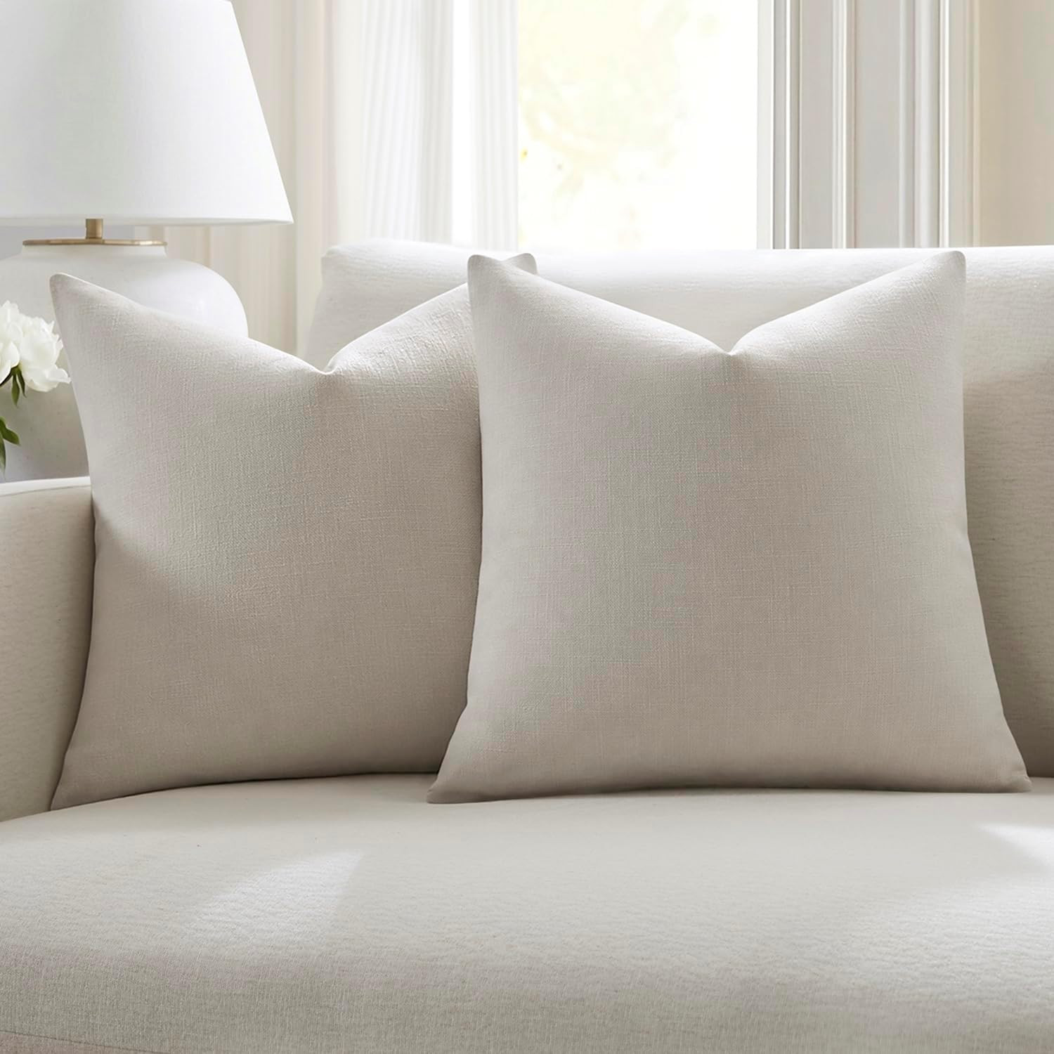 Set of 2 Ivory Throw Pillow Covers 20x20, Modern Farmhouse Linen Blend Decorative Pillow Covers for Couch Sofa Bed, Neutral Home Decor | Amazon (US)
