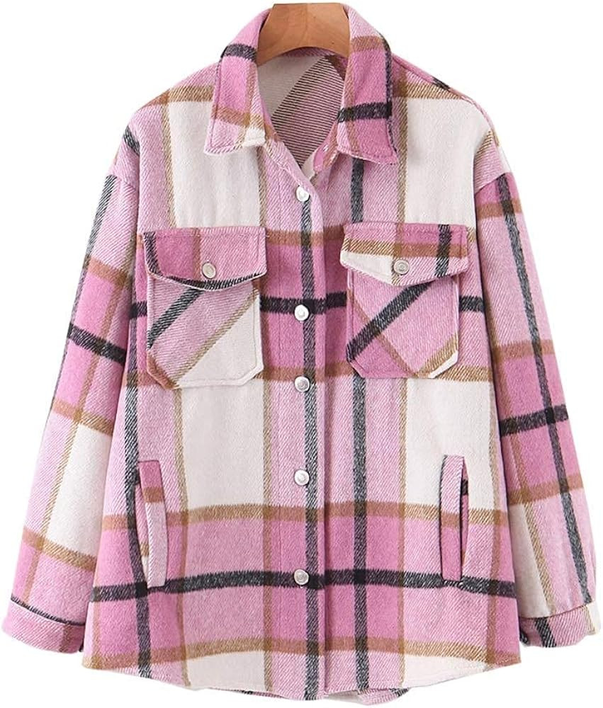 Womens Casual Flannel Wool Blend Plaid Lapel Button Down Long Sleeve Shacket Jacket Coat Winter L... | Amazon (US)