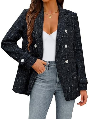 Angashion Womens Tweed Blazer Jackets: Trendy Casual V Neck Open Front Double Breasted Business Work Womens Blazer Black Small | Amazon (US)
