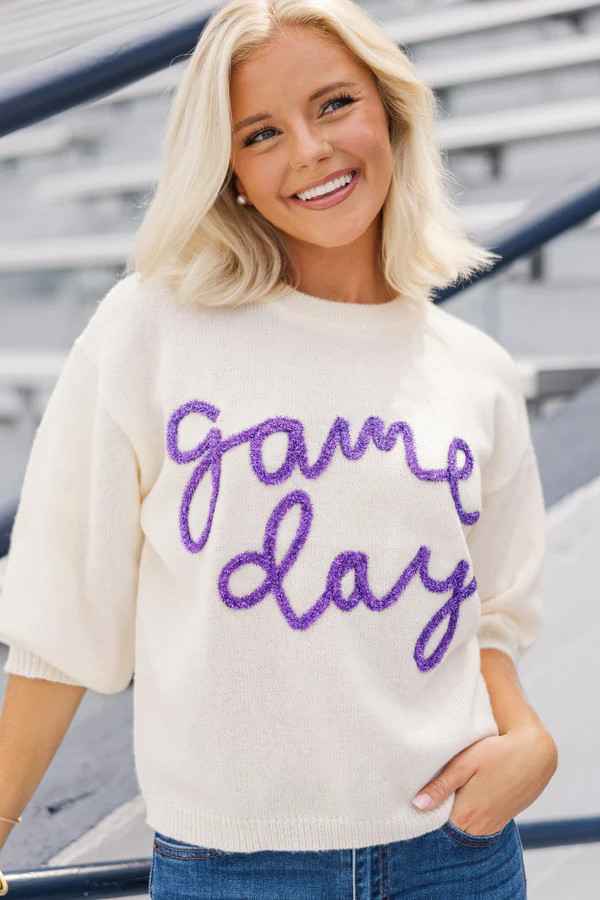 It's Game Day Ivory/Purple Puff Sleeve Sweater | The Mint Julep Boutique