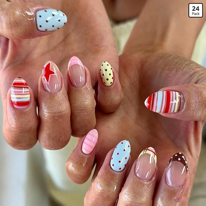 Medium Almond Press on Nails Polka Dot Fake Nails Colorful Nails Press ons with Stripe & Star Pri... | Amazon (US)