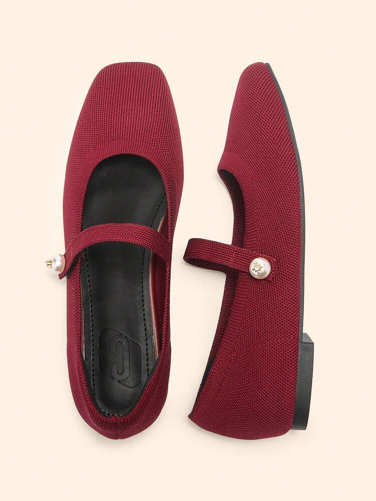 CUCCOO BASICS Women's Fashion Burgundy Knit Round Toe One-Strap Pearl Mary Jane Flats, Comfortable & Breathable For Commuting, Party, Shopping, Vacation | SHEIN