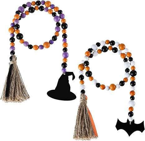 Amazon.com: 2 Pieces Halloween Wooden Bead Garland Rustic Farmhouse Bead Garland Beaded Tiered Tr... | Amazon (US)