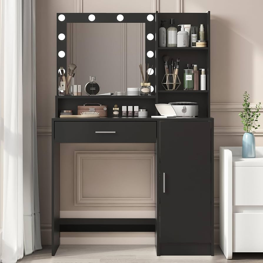Vanity Desk with Mirror & Light, Large Drawer & Three Level Storage Dresser, 3 Lighting Modes Adj... | Amazon (US)