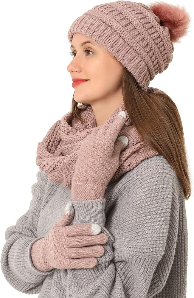 Double Couple 3pcs Winter Beanie Hat Scarf and Touch Screen Gloves Set for Women Knit Hat with Fa... | Amazon (US)