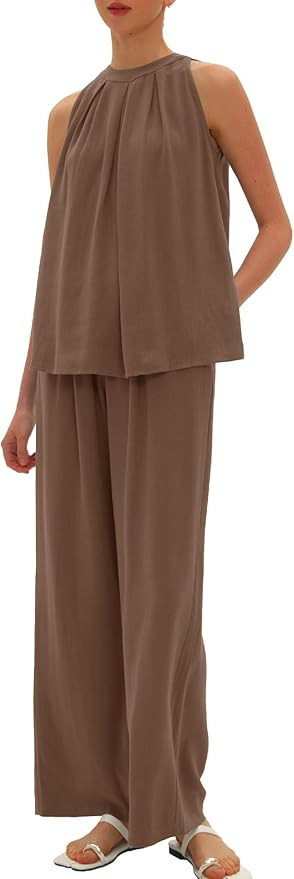 Beaully Women's Summer Linen 2 Piece Outfits Sets Loose Fit Sleeveless Tank Tops Wide Leg Pant Se... | Amazon (US)