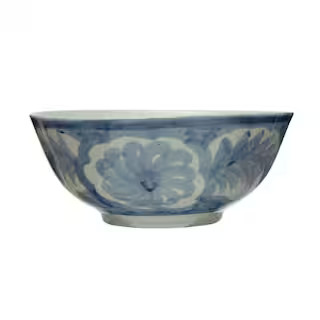 Storied Home 620 fl. oz. Blue and White Stoneware Hand Painted Bowl with Floral Design DF7355 - T... | The Home Depot