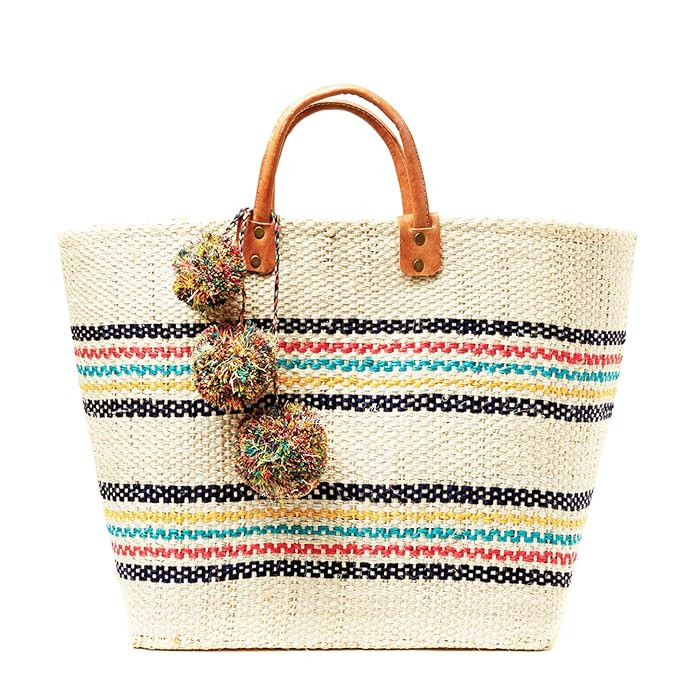 Mar Y Sol Caracas Striped Market Tote Bag Pom Pom, Natural/Multi | Amazon (US)