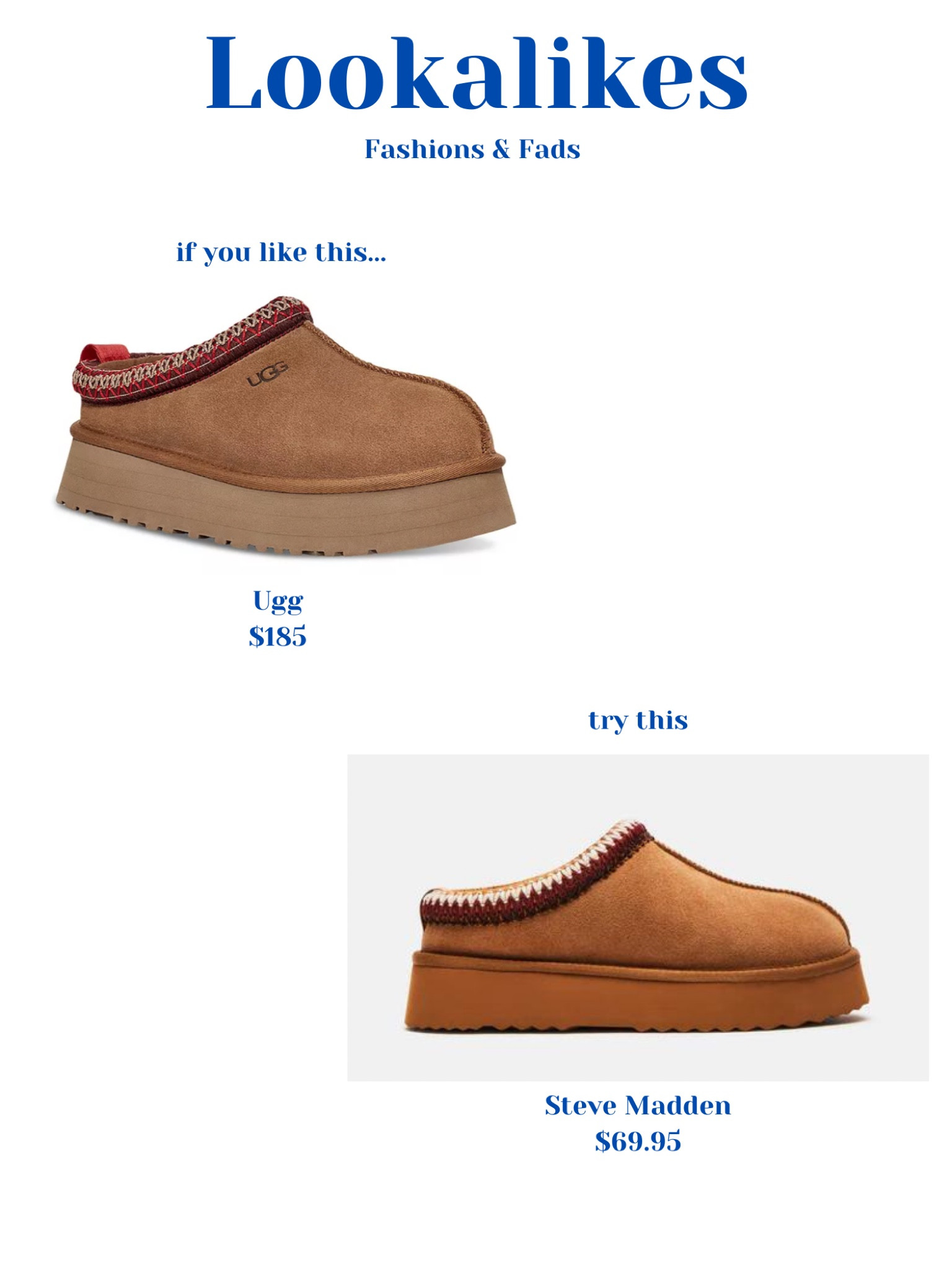 These Ugg slippers are everywhere lately. Found a dupe from Steve Madden for cheaper!


Ugg tazz
Ugg Tasman
Suede
Chestnut
Platform slipper
Slip on shoes
Red and brown
Winter shoes
Fall shoes

#LTKSeasonal #LTKfindsunder100 #LTKshoecrush