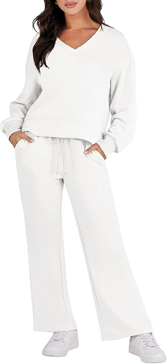 Caracilia Women's Two Piece Outfits Matching Sets Long Sleeve Pullover Tops and Wide Leg Pants Tr... | Amazon (US)