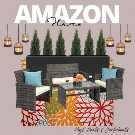 Amazon patio layout idea. Love the privacy screens with the plants. Looks nice and gives your space some privacy  