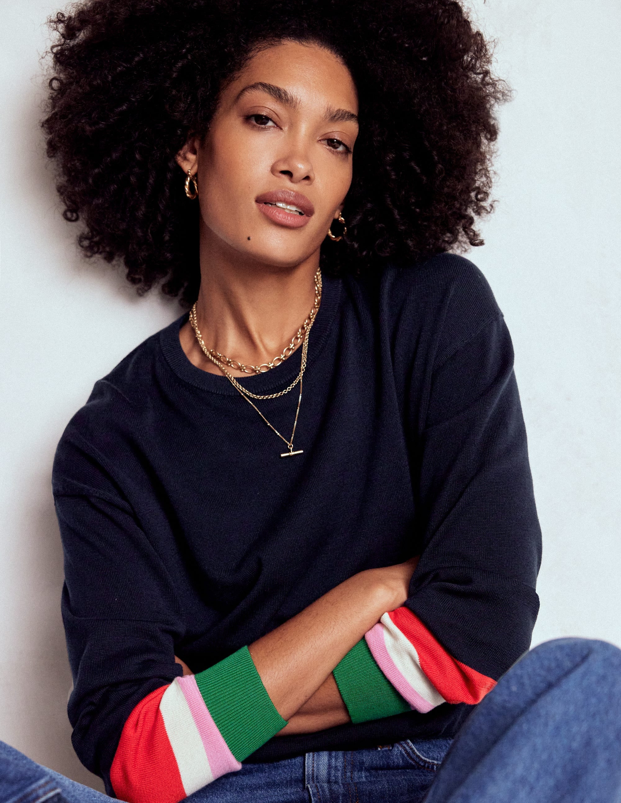 Lara Relaxed Cotton Jumper-Navy Cuff Stripe | Boden (US)