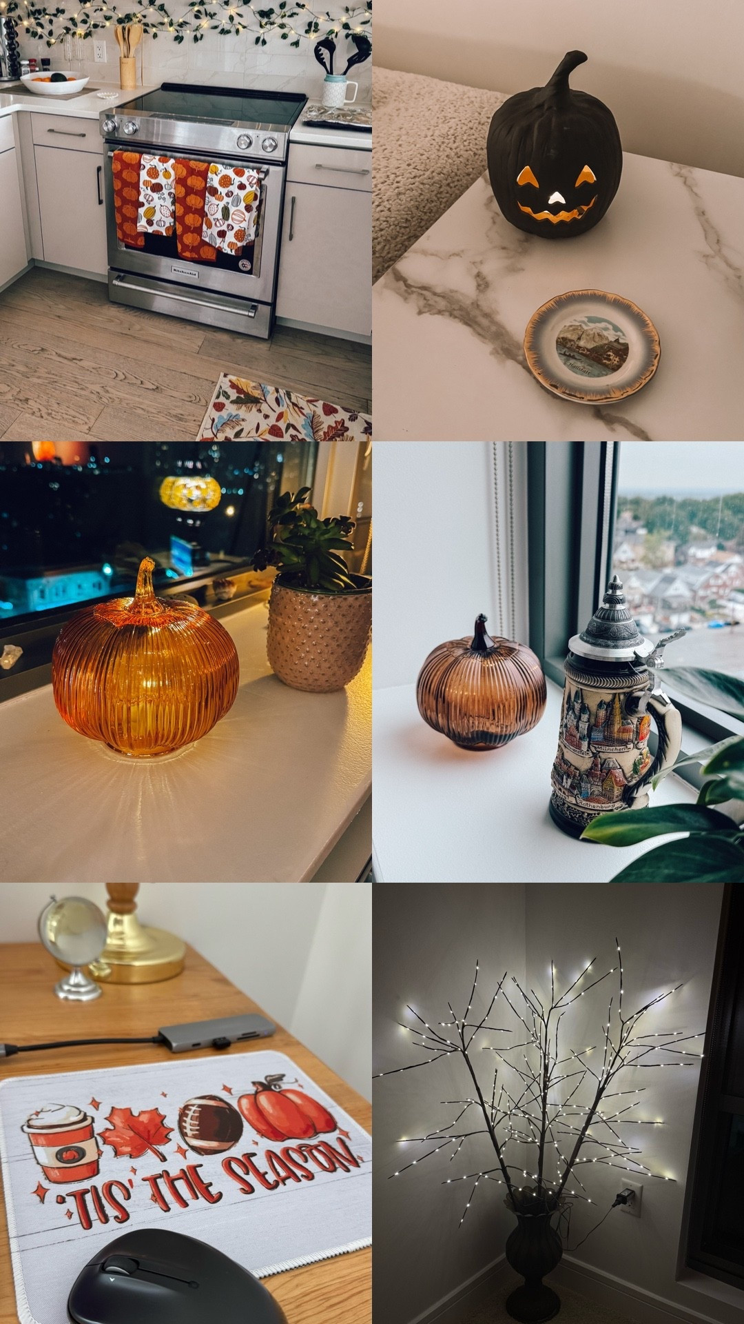 Glass pumpkins with lights, terra cotta Jack O Lantern, ivy vine fairy lights, fall mousepad, tree branch lights, and fall kitchen towels linked. Sink rug is no longer in stock, but linked other similar fall accent rugs. 

#LTKFallSale #LTKSeasonal #LTKHome
