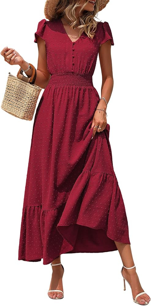 PRETTYGARDEN Womens Dresses 2024 Boho Short Sleeve V Neck Swiss Dot Ruffle Tiered Maxi Dress Smoc... | Amazon (US)