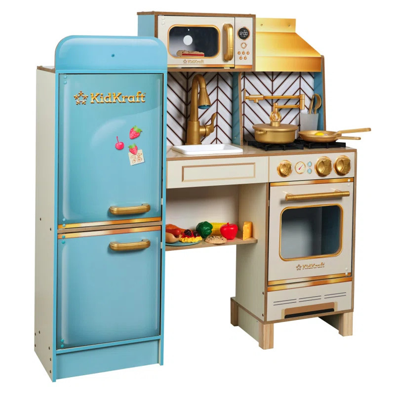 Retro Cool Wooden Play Kitchen With Lights, Sounds And 20 Accessories | Wayfair North America