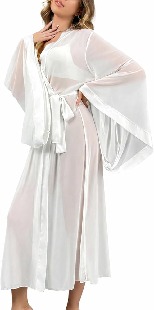 Sheer Robes for Women Lightweight Long Bridal Summer Lingerie Kimono Bath Robe for Bride, Wedding... | Amazon (US)