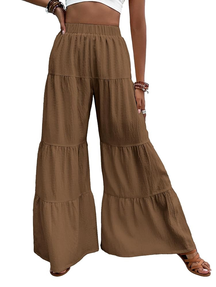 WDIRARA Women's Flowy Boho Elastic High Waist Ruffle Hem Wide Leg Beach Loose Palazzo Pants | Amazon (US)