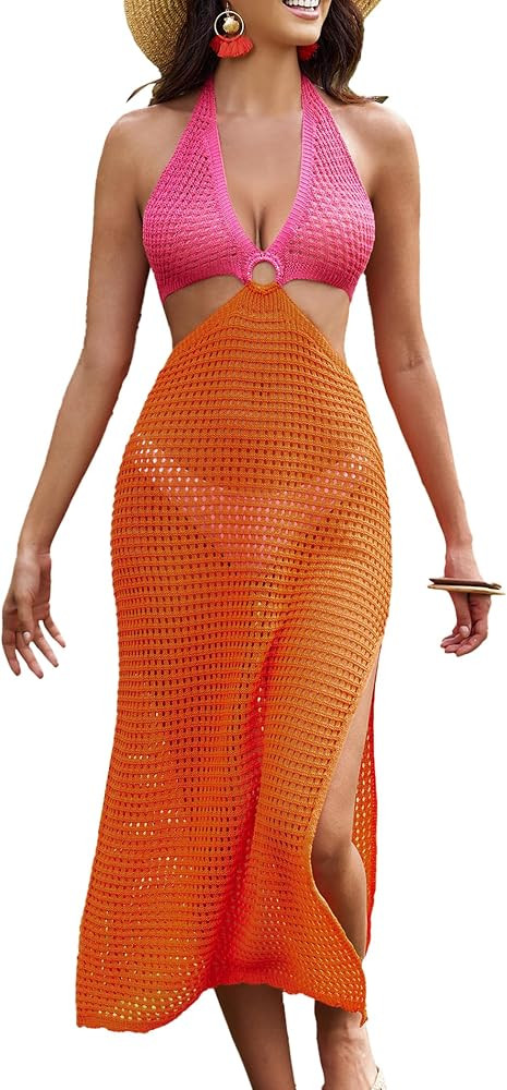 AI'MAGE Womens Crochet Bathing Suit Swimsuit Cover Ups Long Sexy Halter Cut Out Backless Beach Co... | Amazon (US)