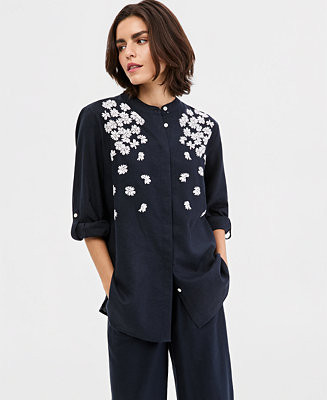 Women's Linen-Blend Puff-Print Button-Front Tunic | Macy's