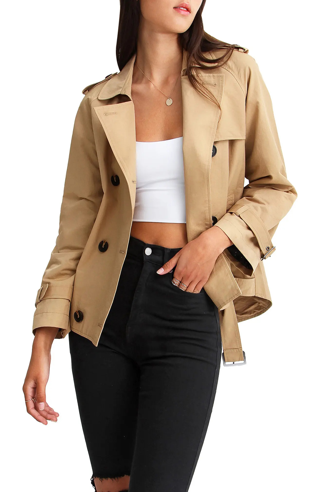 Belle & Bloom Cool Nights Cropped Trench Coat in Khaki at Nordstrom, Size Medium Au | Nordstrom