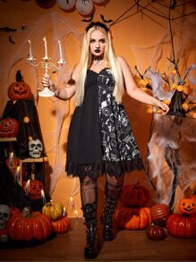SHEIN Plus Contrast Lace Halloween Print Cami Dress
   SKU: sf2206309256891171      
          (2... | SHEIN
