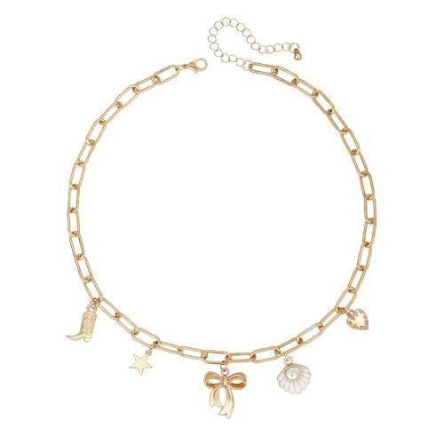 BONJOULRY Charm Necklace for Women Gold Cute Bow Shell Cowboy Cowgirl Boot Star Heart Pendant Necklace Dainty Paperclip Chain Charms Choker Necklaces Y2K Preppy Christmas Jewelry Bowknot | Amazon (US)