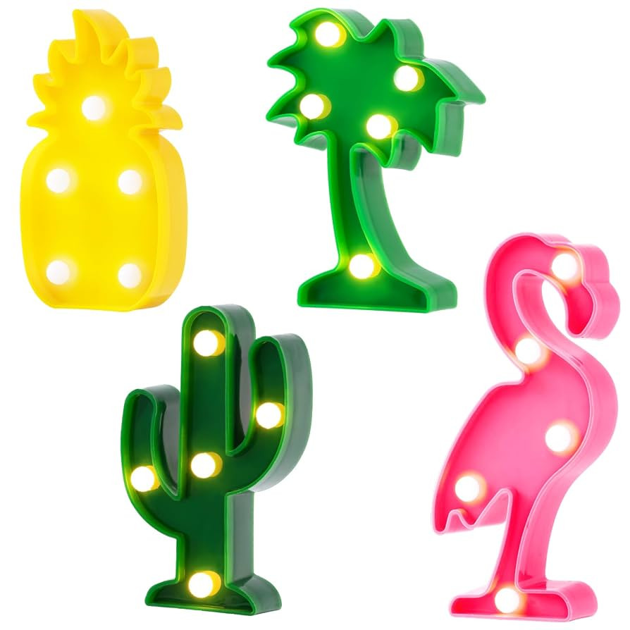 Hawaiian Party Decorations Lights - 4 Shapes Flamingo Cacti Pineapple Palm Tree Mini LED Sign Lam... | Amazon (US)