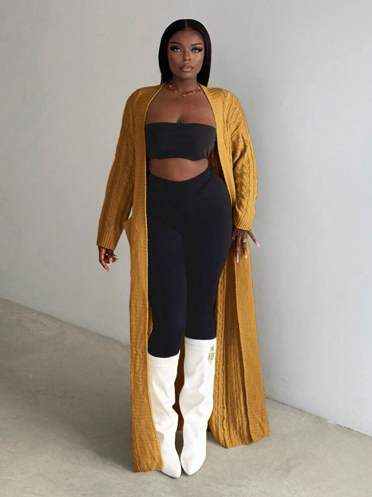 Slaydiva Casual Beige Long Sleeve Long Knit Cardigan | SHEIN