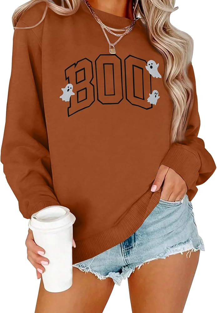 Halloween Sweatshirt for Women Cute BOO Graphic Shirt Crewneck Embroidered Ghost Pullover Sweater... | Amazon (US)
