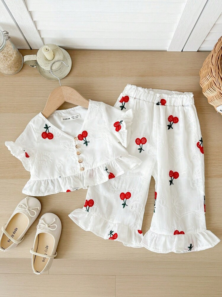 SHEIN LMoss Kids Babygirl Summer White Cute Embroidered Ruffle Trim Blouse And Pants Set | SHEIN
