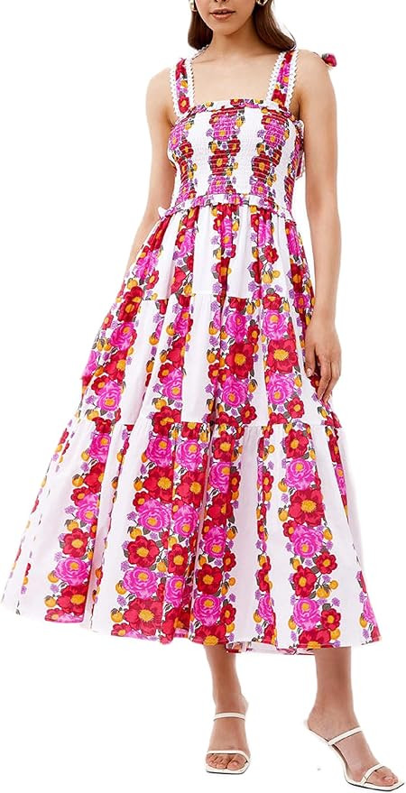Women’s Tie Shoulder Floral Boho Maxi Dress Sleeveless Flowy Tiered A Line Long Sundress Going ... | Amazon (US)