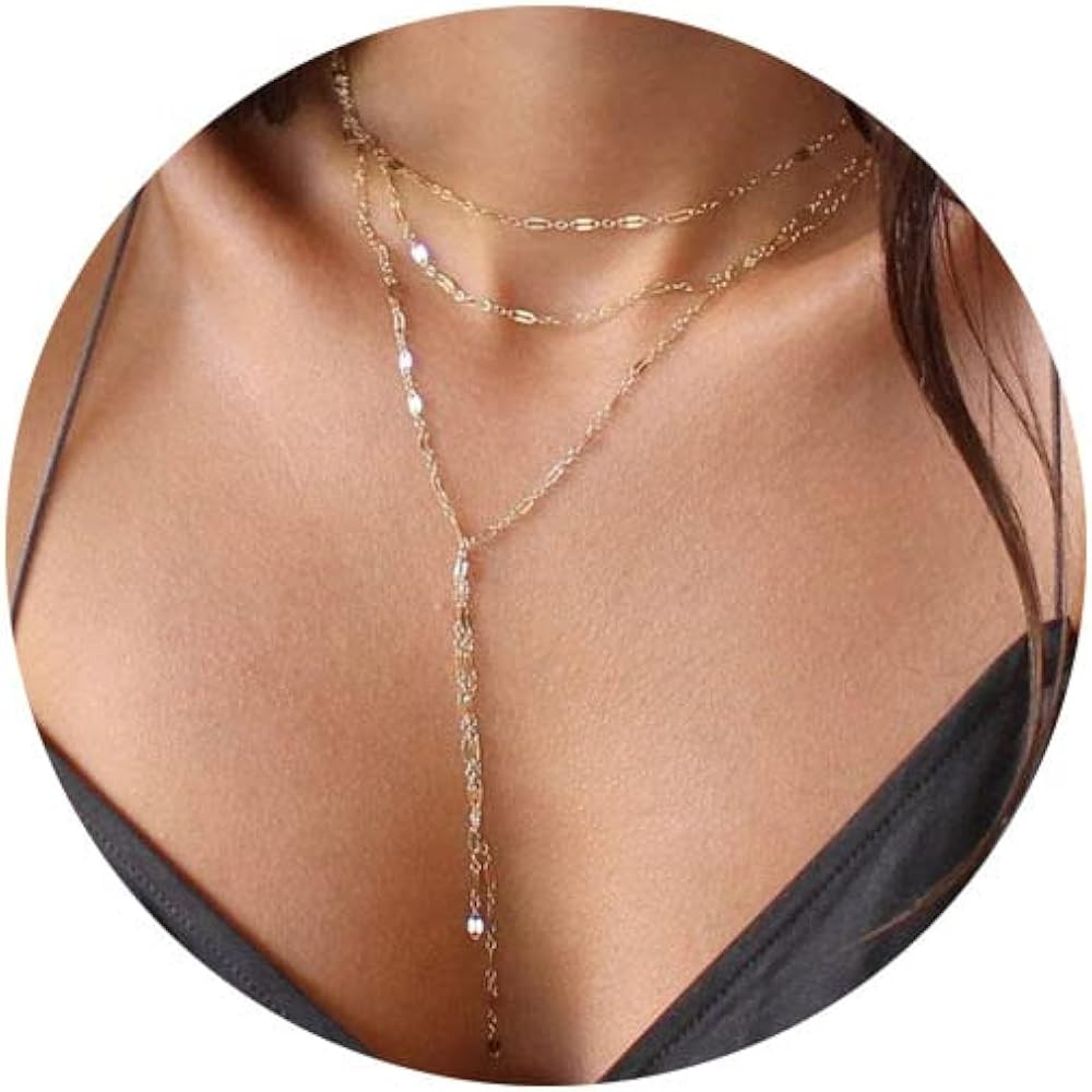 Tewiky Lariat Necklace for Women, Dainty Gold Long Necklaces 14k Gold Plated Heart Pearl CZ Teard... | Amazon (US)