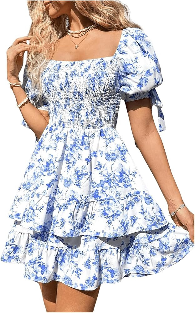 Floerns Women's Floral Print Puff Sleeve Square Neck Tiered Layer Shirred Dresses | Amazon (US)