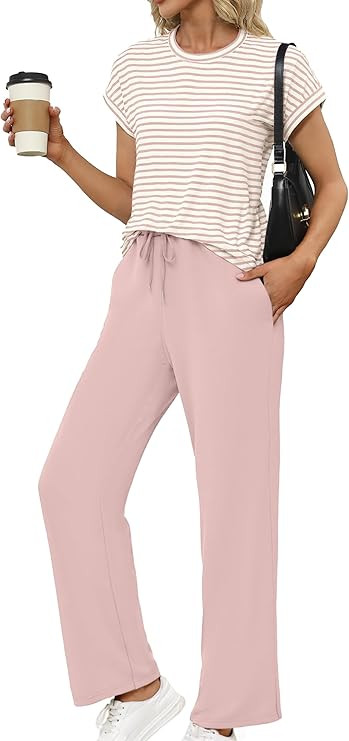 Glamaker Women's 2 Piece Sets Striped Summer Outfits Short Sleeve Shirts Wide Leg Pants Casual Lo... | Amazon (US)