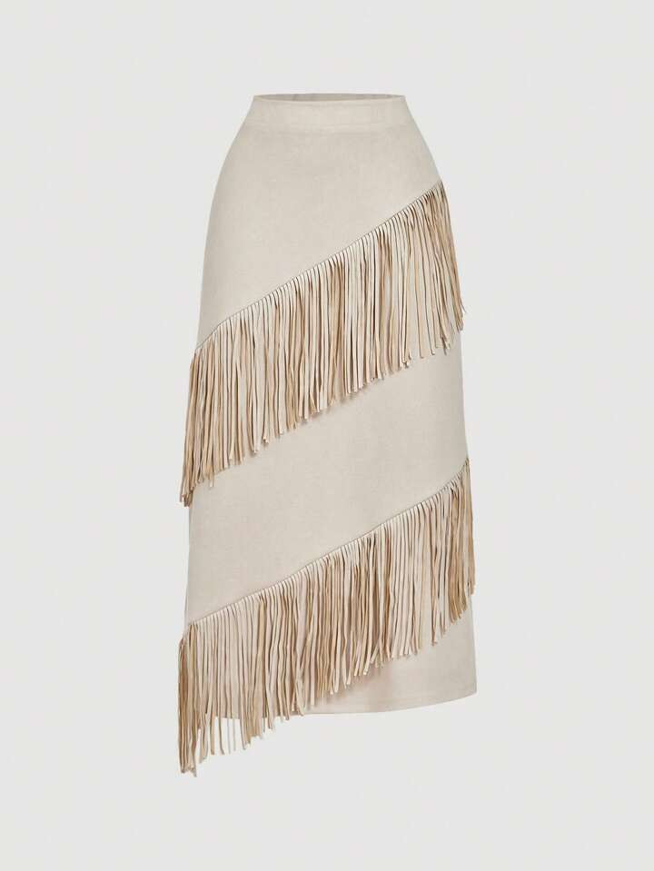 SHEIN MOD High-Waist Apricot Straight Skirt With Stripe Decor & Side Slit, Fringe Skirt, Cream Sk... | SHEIN