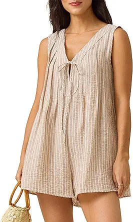 Womens Patterned Sleeveless Romper Deep V-Neck Tie Front Overalls Jumpsuit for Summer Beach Vacat... | Amazon (US)