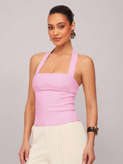 Silquee Solid Color Pleated Halter Neck For Summer, Form-Fitting Top,Business Casual Top,Office W... | SHEIN