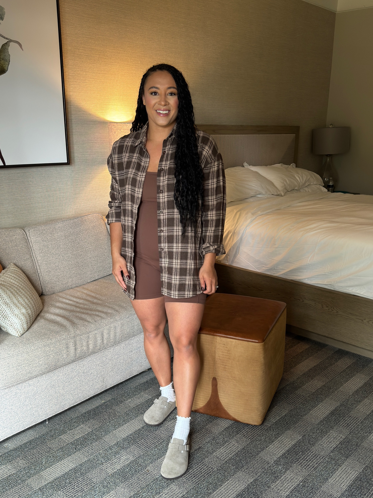 Wearing a large in the romper and XL in the flannel #falloutfit #comfystyle 