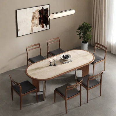 Oval solid wood rock slab dining table set | Wayfair North America
