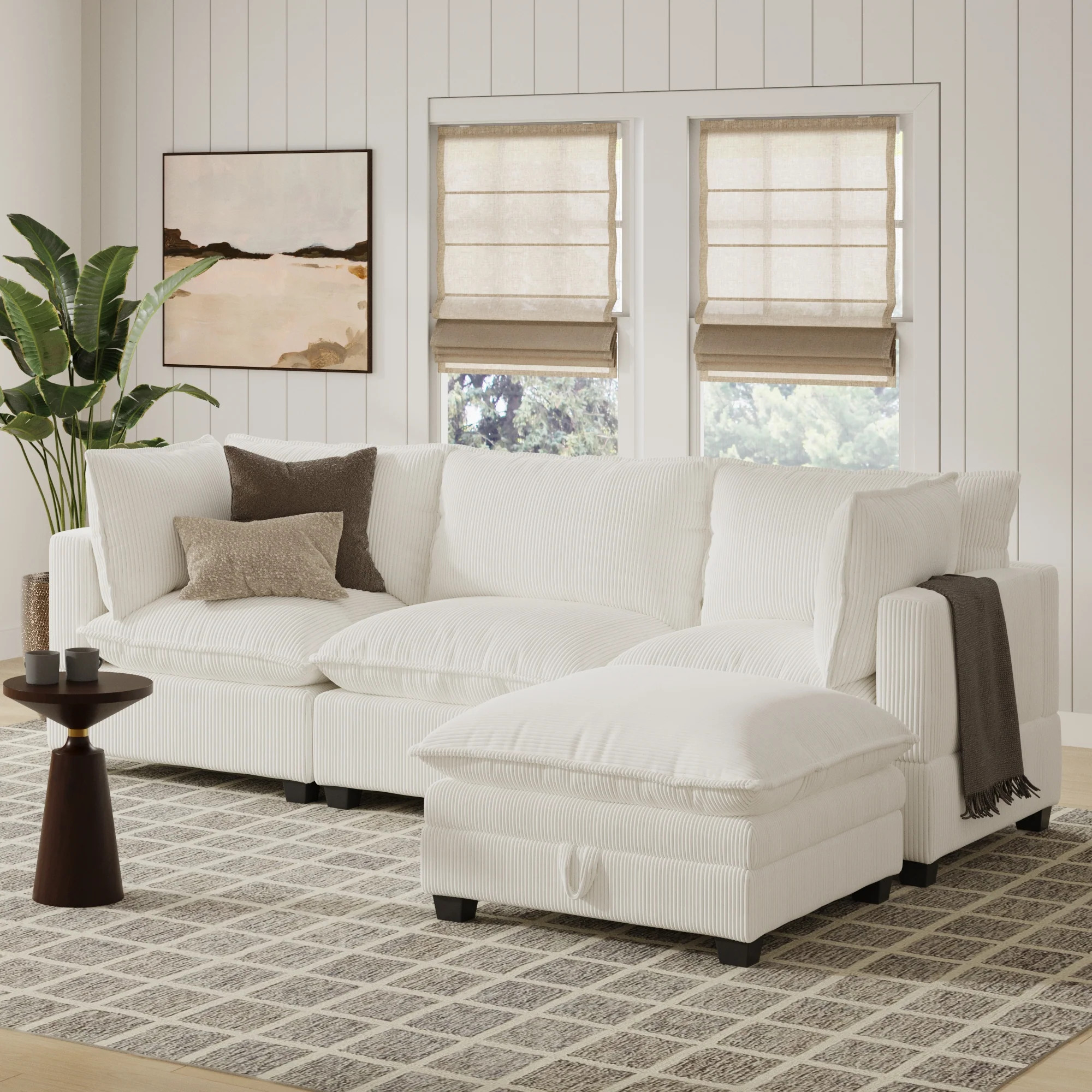Corduroy 3-Seat Cloud Sofa Couch & Storage Ottoman Pearl White | Nathan James