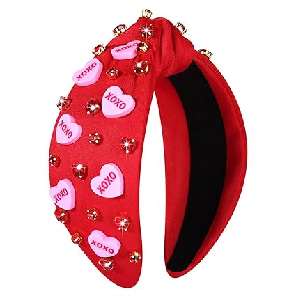 Valentine's Day Heart Headbands for Women - Jeweled Beaded Knotted Headband Pink Red Rhinestone W... | Amazon (US)