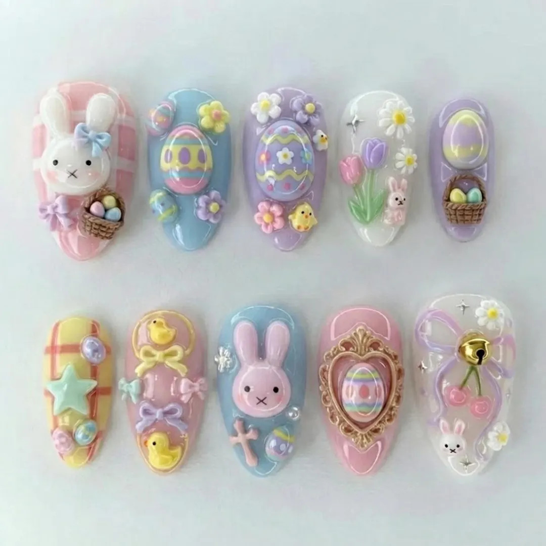Handmade Easter Bunny Press On Nails | Cute 3D Pastel Egg & Chick Design | Kawaii Spring Aestheti... | Etsy (US)