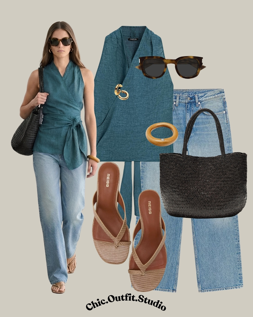 💫 Teal Wrap Top & Light Blue Jeans Summer Outfit

💫A teal wrap-style sleeveless top paired with relaxed light blue jeans creates an effortless elevated summer outfit that feels chic, minimal, and timeless. The soft draped silhouette, woven dark brown tote bag, wooden bangle, and neutral strappy sandals add a sophisticated European-inspired touch perfect for warm-weather dressing. Ideal for vacation dinners, summer city walks, brunch dates, casual evenings, or resort styling. Lightweight fabrics and easy neutrals make this an elegant everyday outfit for spring and summer.

💫Tags: teal summer outfit women, blue jeans outfit summer, wrap top outfit, relaxed denim outfit women, elegant casual summer style, European chic outfit, woven tote bag outfit, neutral sandals outfit, effortless summer fashion, classy everyday outfit, minimalist summer look, vacation dinner outfit, elevated casual style, spring summer denim outfit, chic resort wear 

 #LTKspring #LTKsummer #LTKjeans