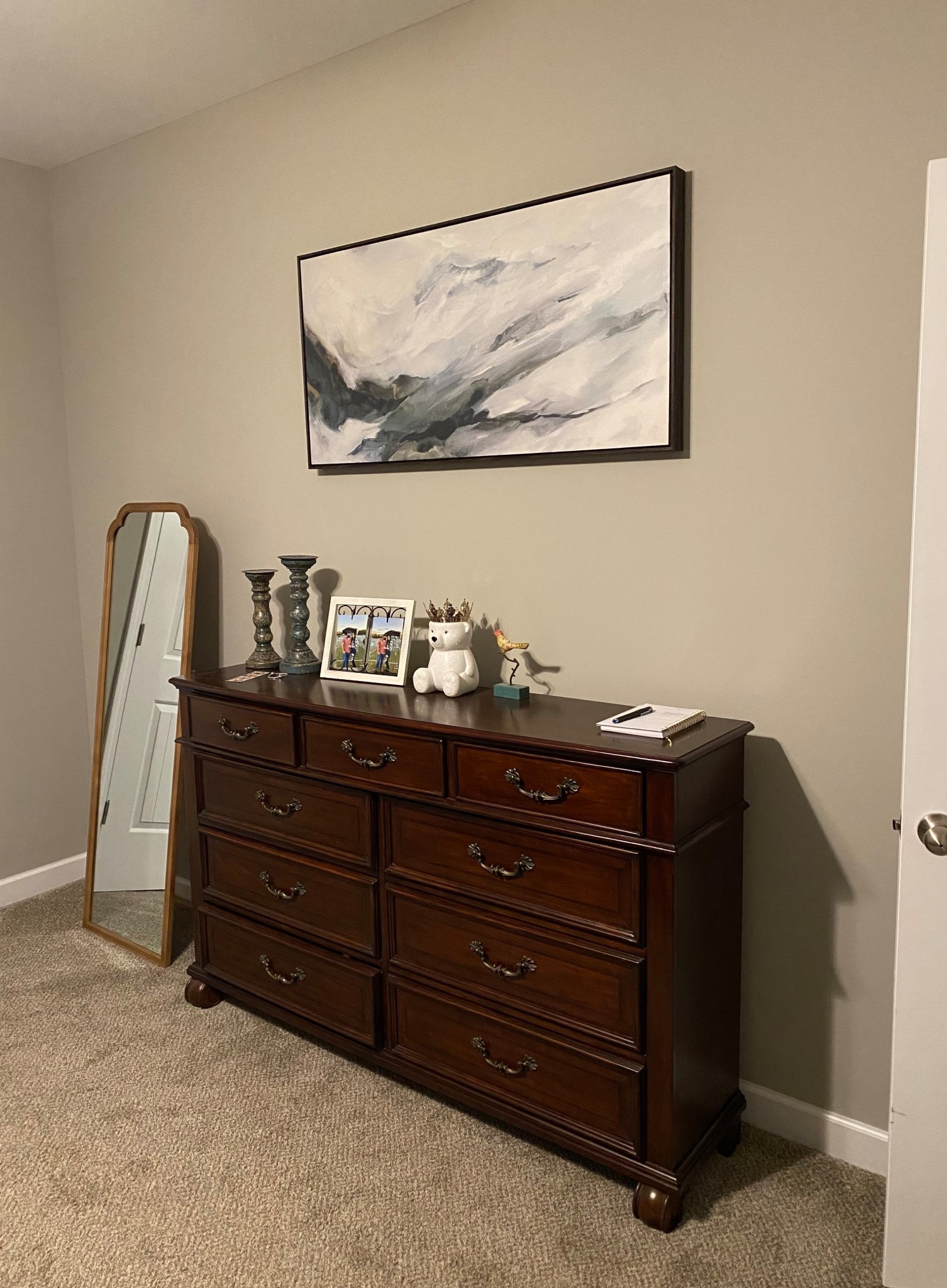 Bedroom decor
Dresser, home decor, wall art, canvas, abstract mountain painting, full length mirror, gold mirror, arch mirror

#LTKHome