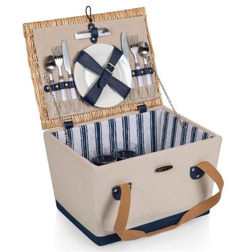 Callie Coastal Beige Canvas Willow Picnic Basket with Serveware for 2 | Kathy Kuo Home